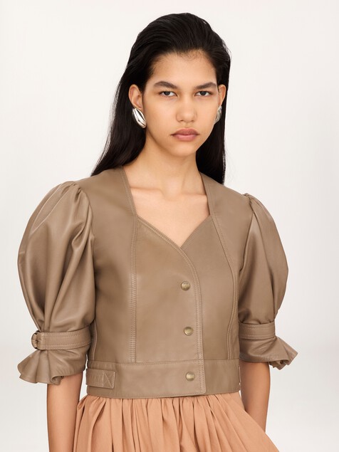 Cropped puff-sleeve leather jacket