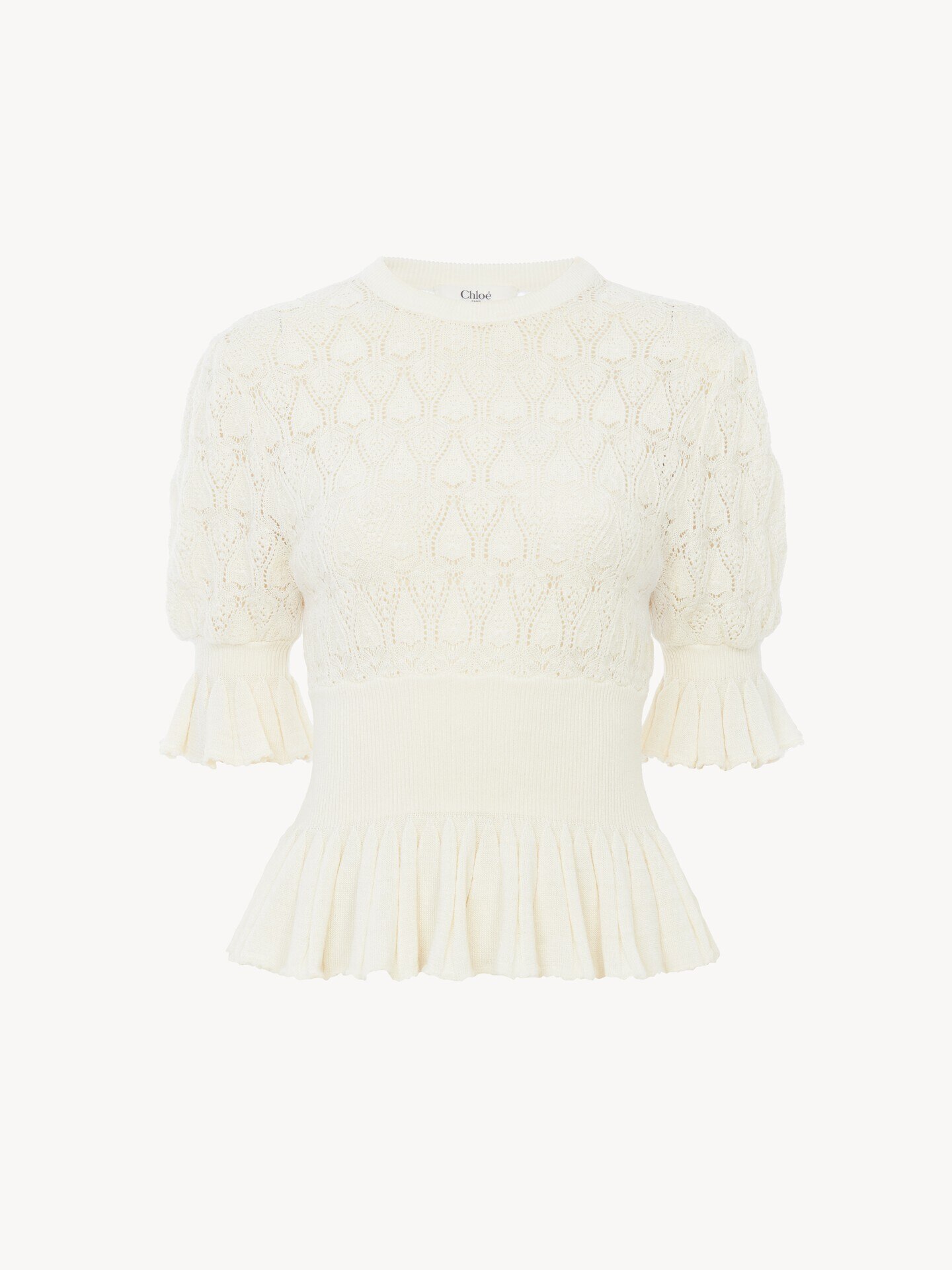Short-sleeve ruffled jumper in a wool-mix knit Iconic Milk Chloé