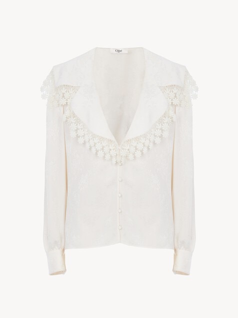 Blouse col oversize en soie jacquard et dentelle