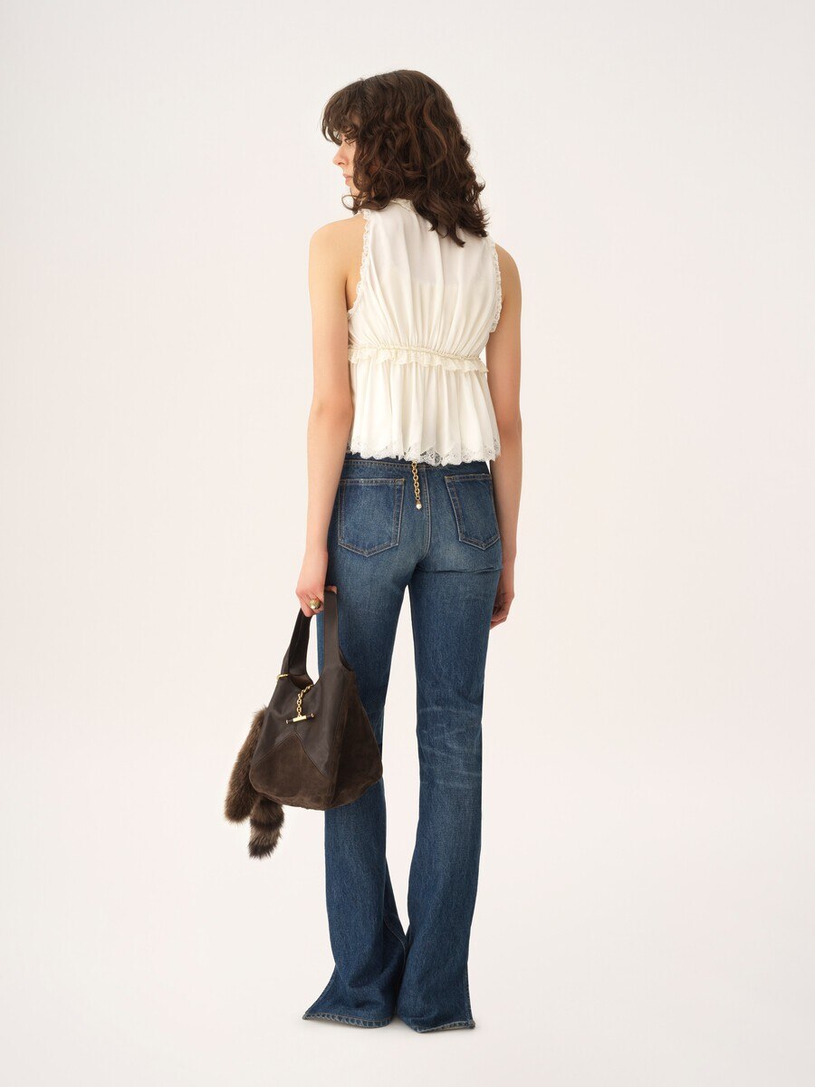 Tie-front sleeveless top in washed silk satin & lace - 5