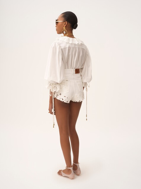 Puff-sleeve V-neck top in cotton voile