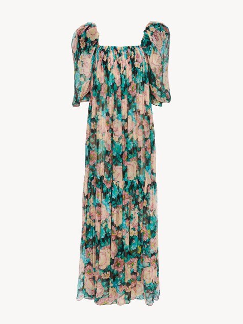 Puff-sleeve long dress in silk mousseline