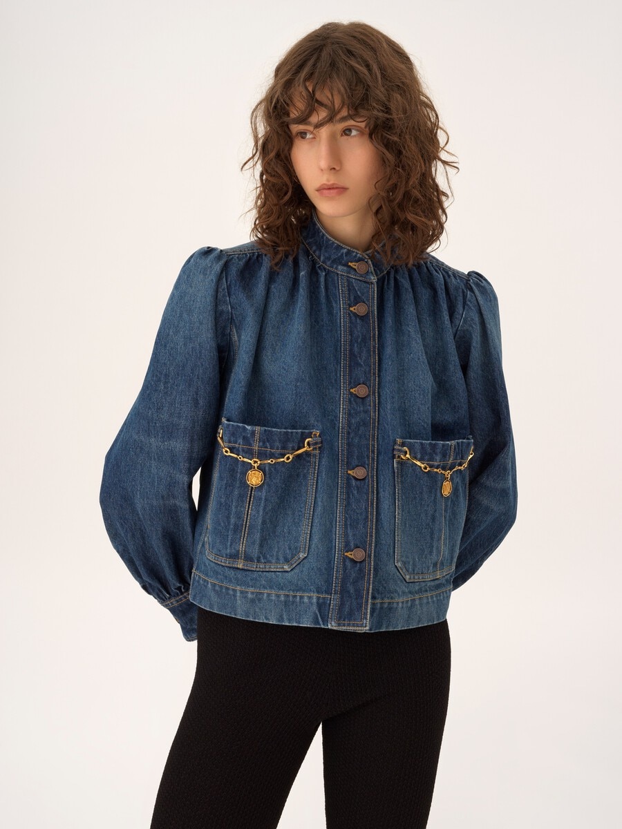 High-neck gathered jacket in denim - 3