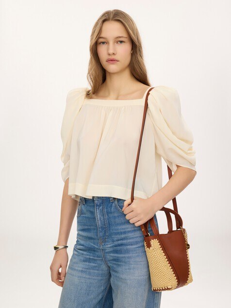 Small Chlo&eacute; Spin tote bag in raffia-effect & leather