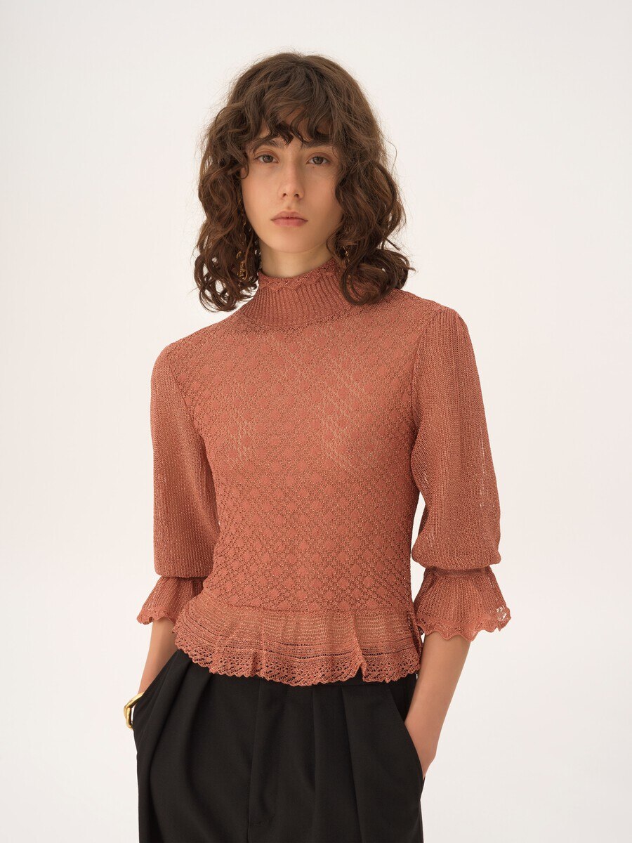 Pullover con volant e maniche a sbuffo in maglia di lurex - 4