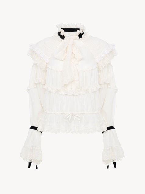 Tie-front ruffle top in silk mousseline & lace