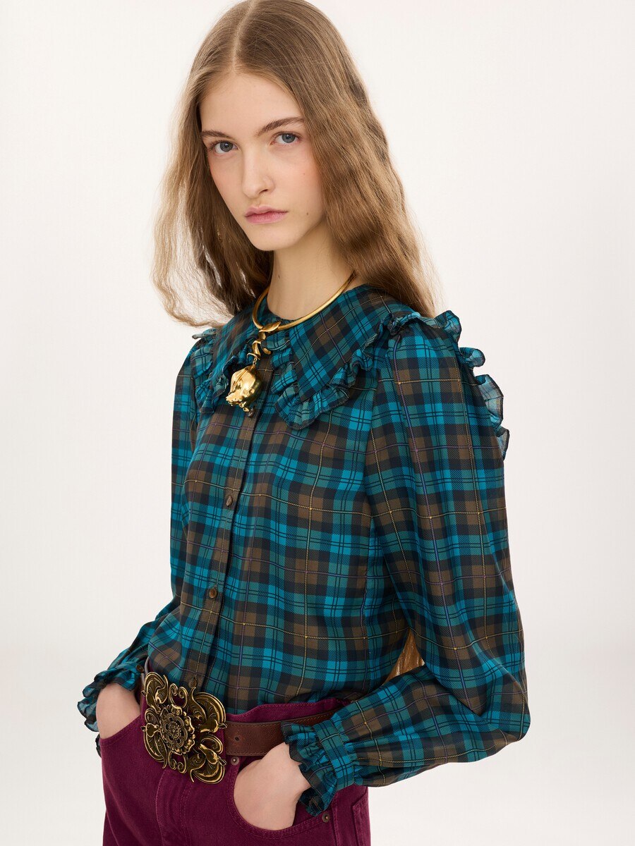 Ruffled lavalli&egrave;re blouse in check silk habotai - 4