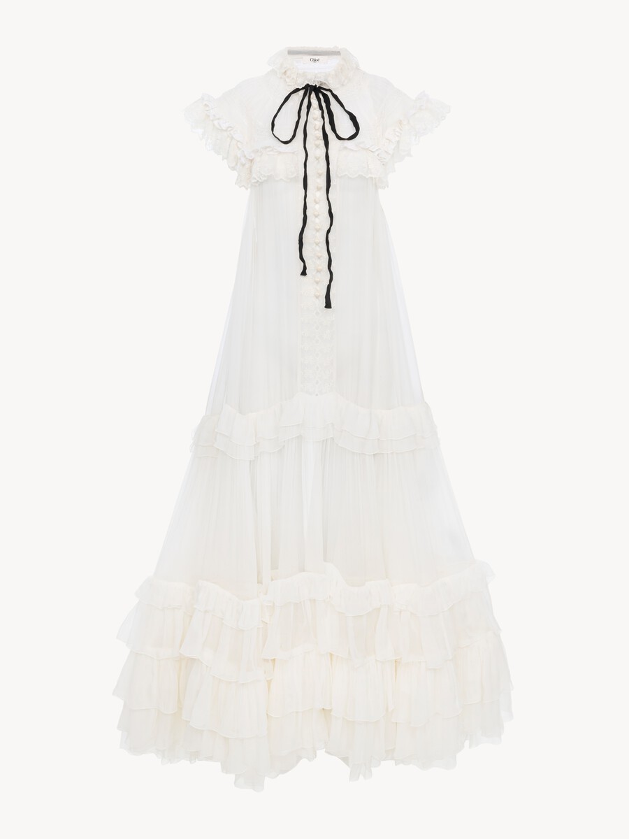Tie-front ruffled long dress in silk mousseline & lace - 2