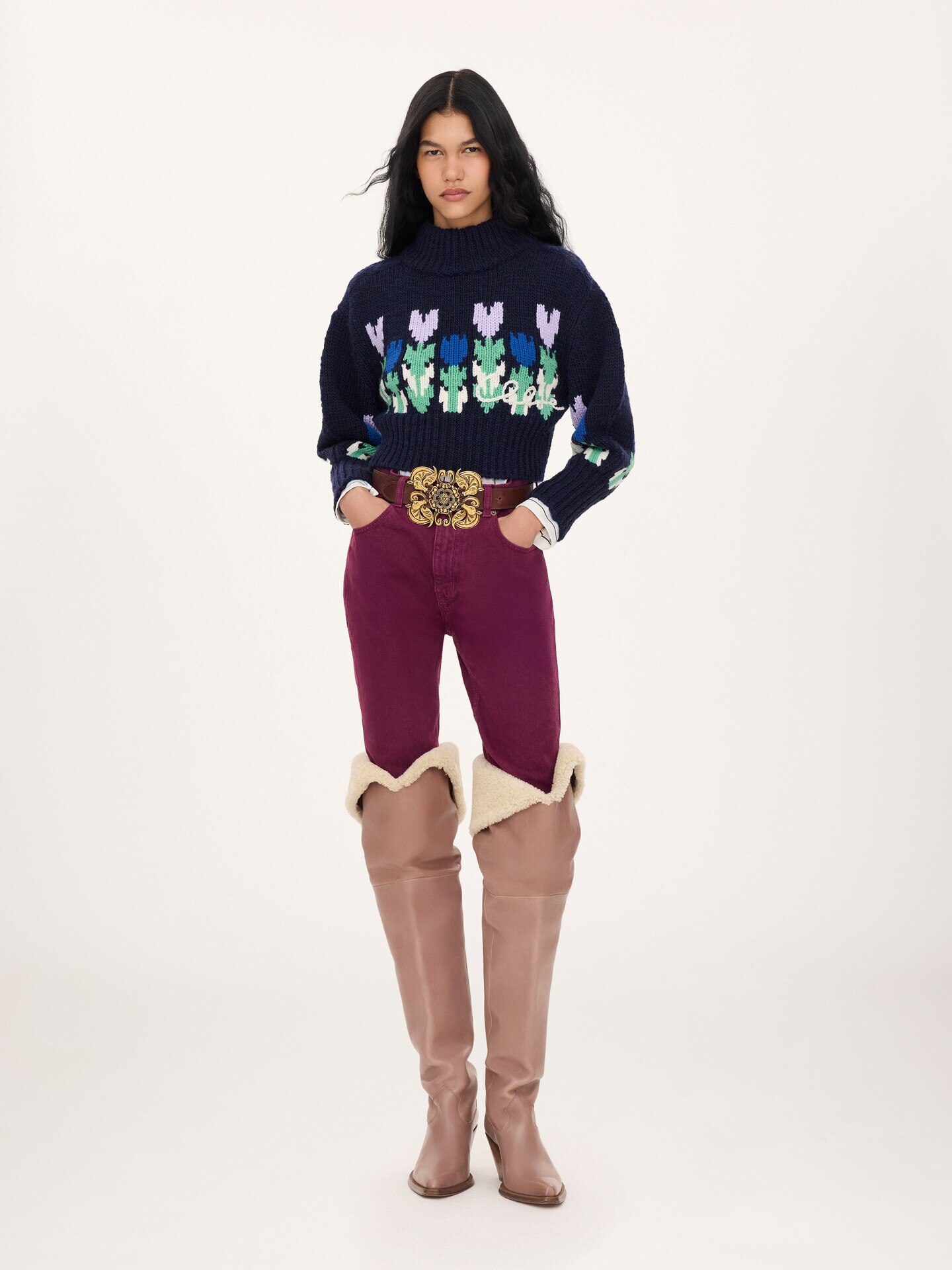 Cropped mock-neck logo sweater in a wool knit - 1.0