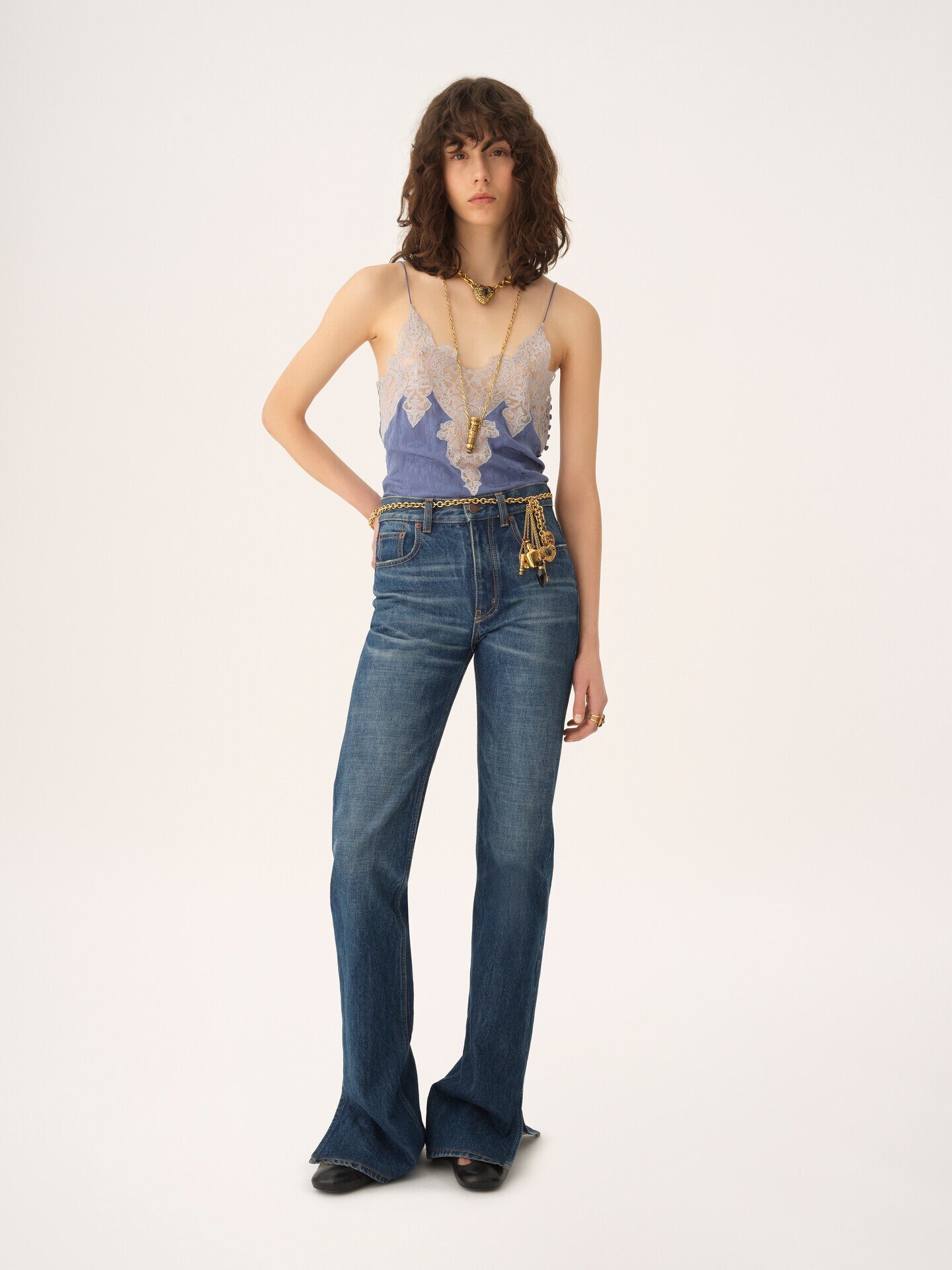 Camisole top in silk jacquard & lace - 3