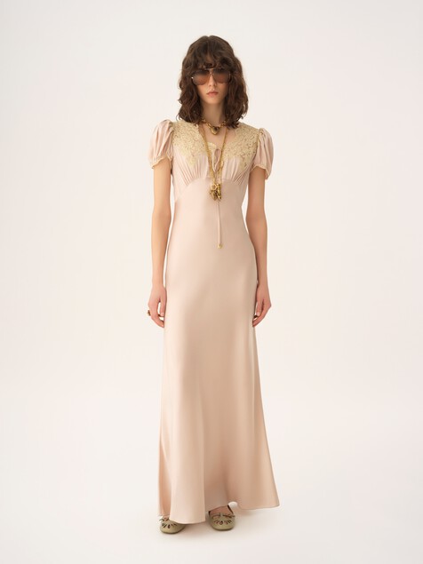 Puff-sleeve column dress in washed silk satin & lace