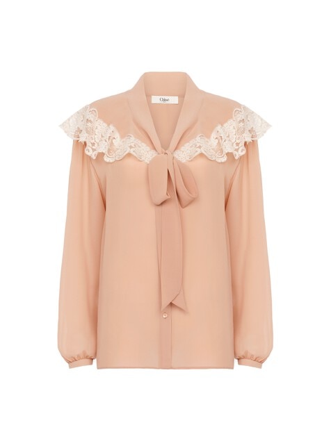 Tie-front gathered blouse in silk georgette & lace