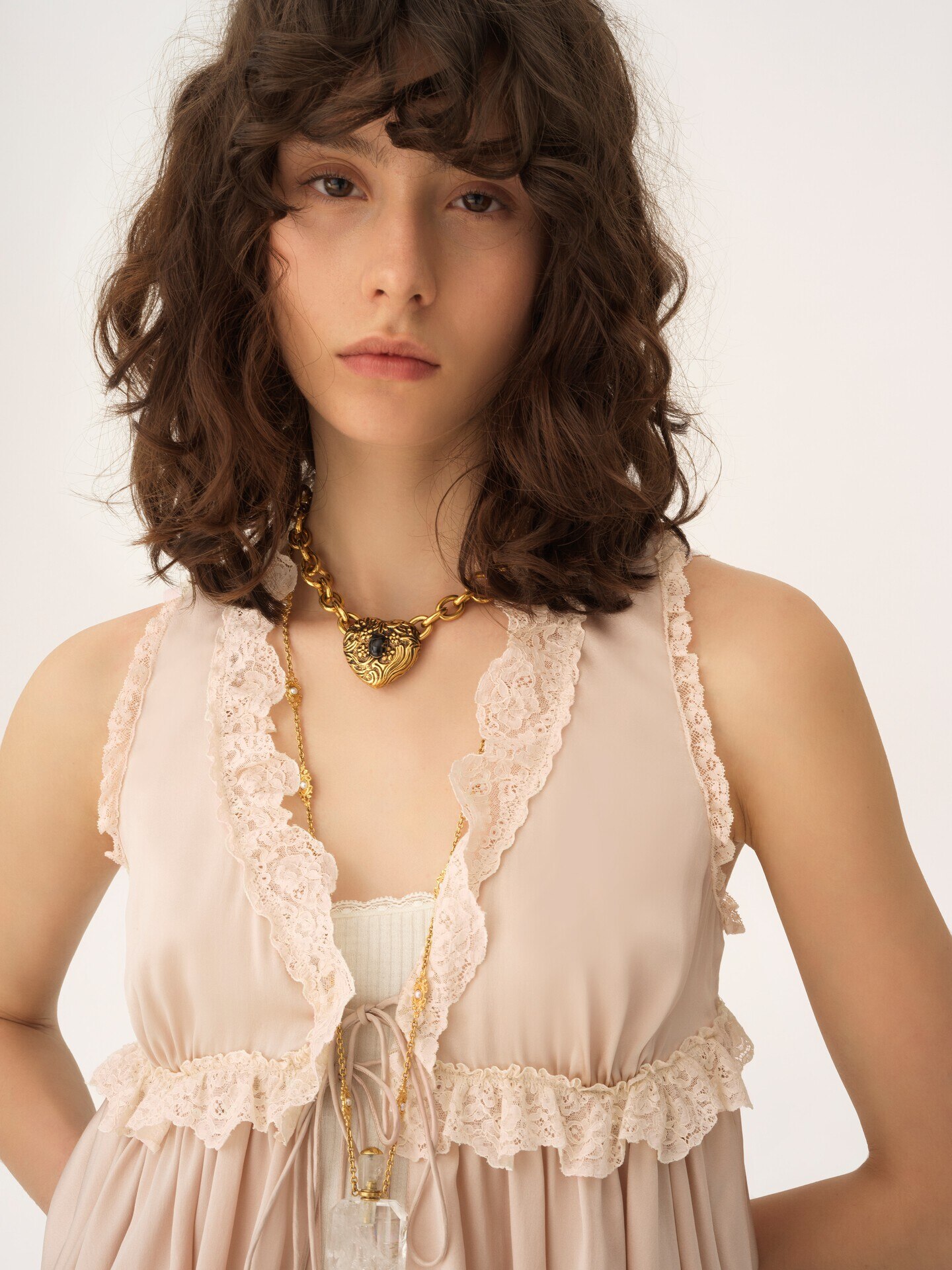 Tie-front sleeveless top in washed silk satin & lace - 6.0