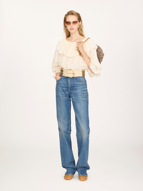 Top fluide &agrave; volants en soie jacquard