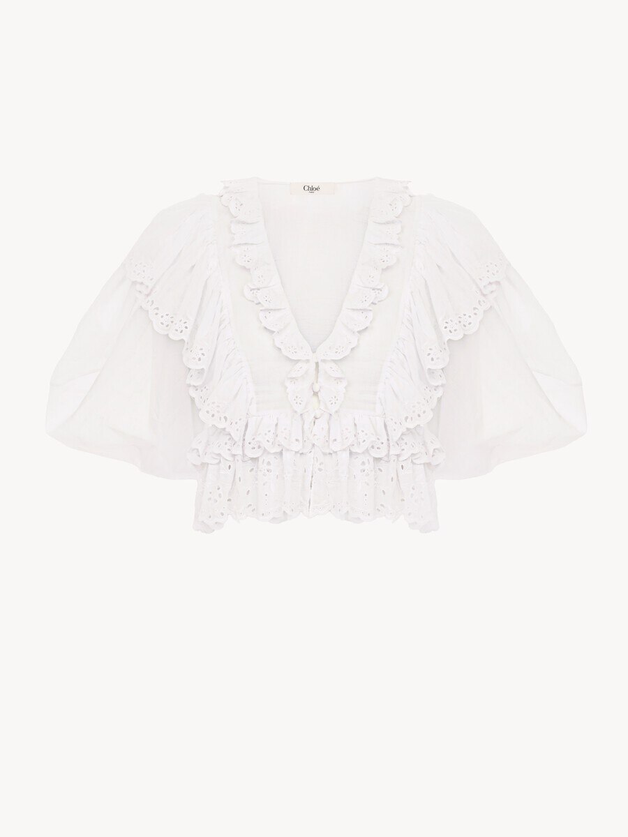 Top cropped de volantes con cuello en V de velo de algod&oacute;n - 2