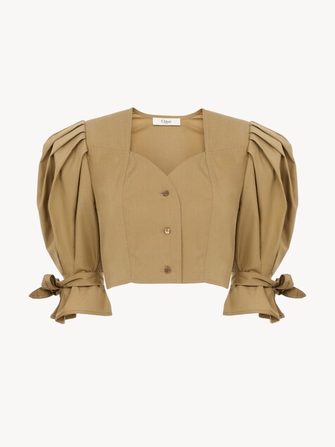 Puff-sleeve cropped top in cotton poplin