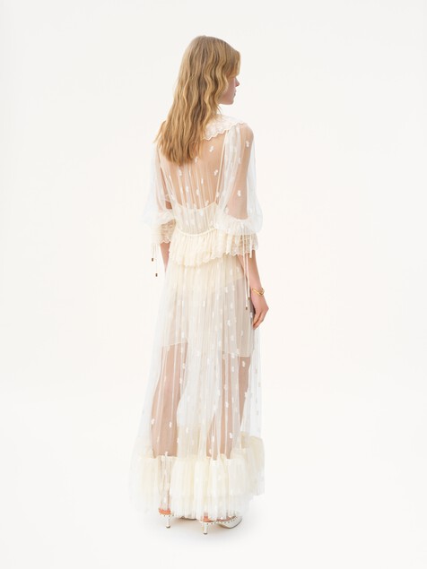 Vestido largo fruncido de encaje bordado con escote en V