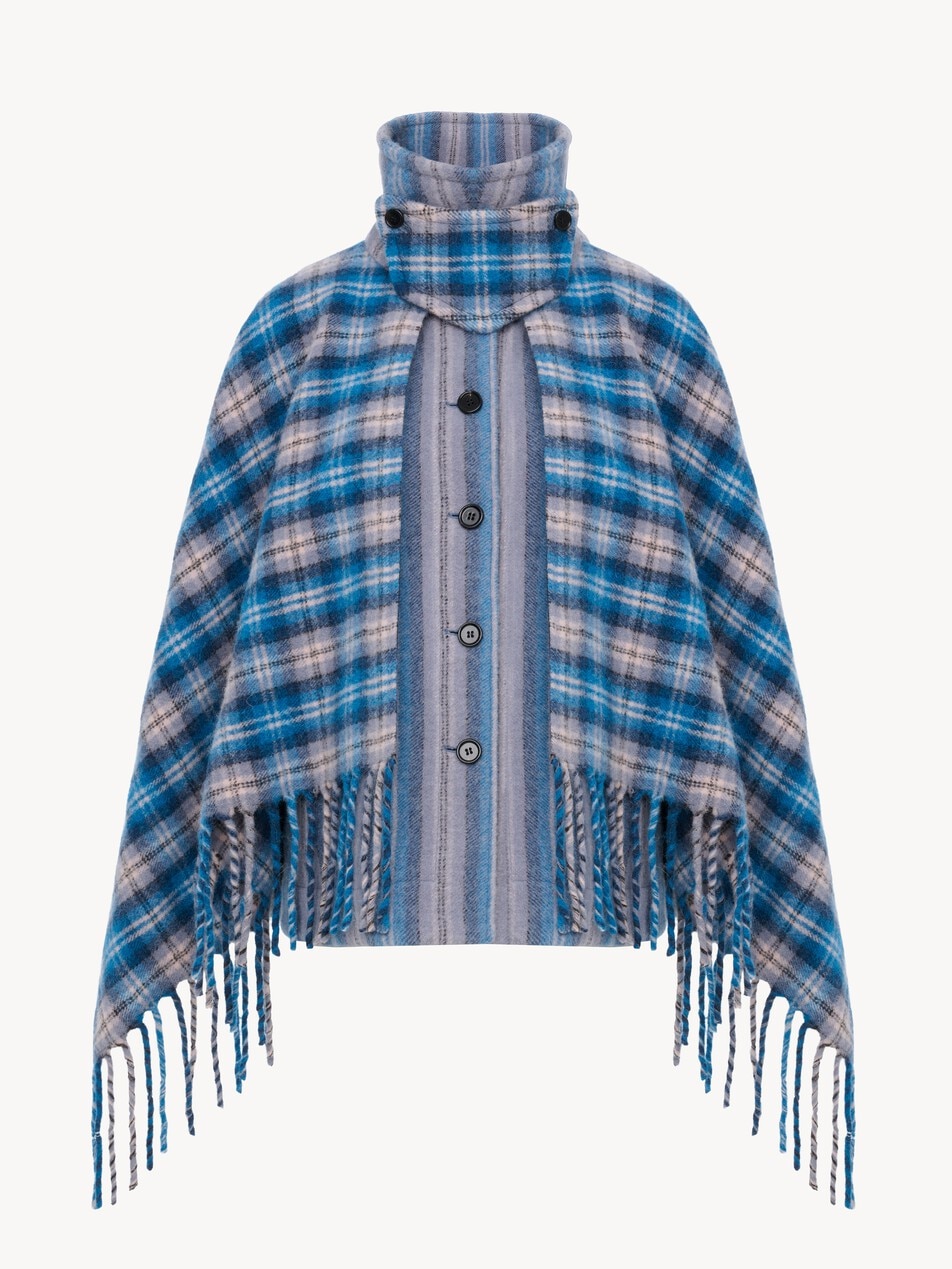 High-neck short cape coat in check wool & alpaca