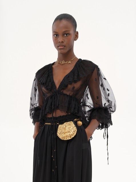 V-neck ruffle top in embroidered lace