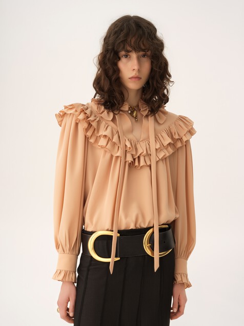 Oversized ruffle top in cr&ecirc;pe de chine