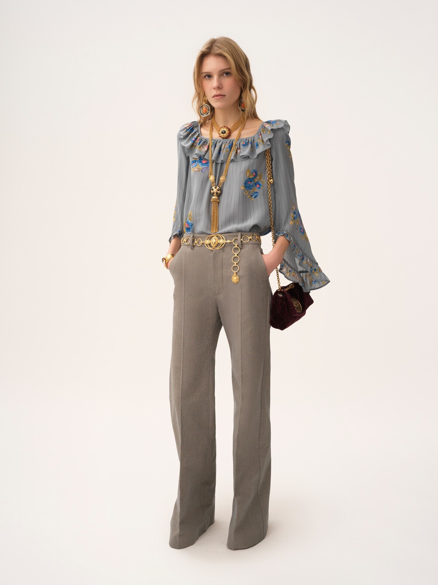 Square-neck ruffle top in cr&ecirc;pe de chine - 3