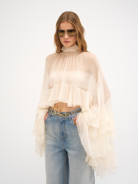 High-low ruffle top in silk mousseline