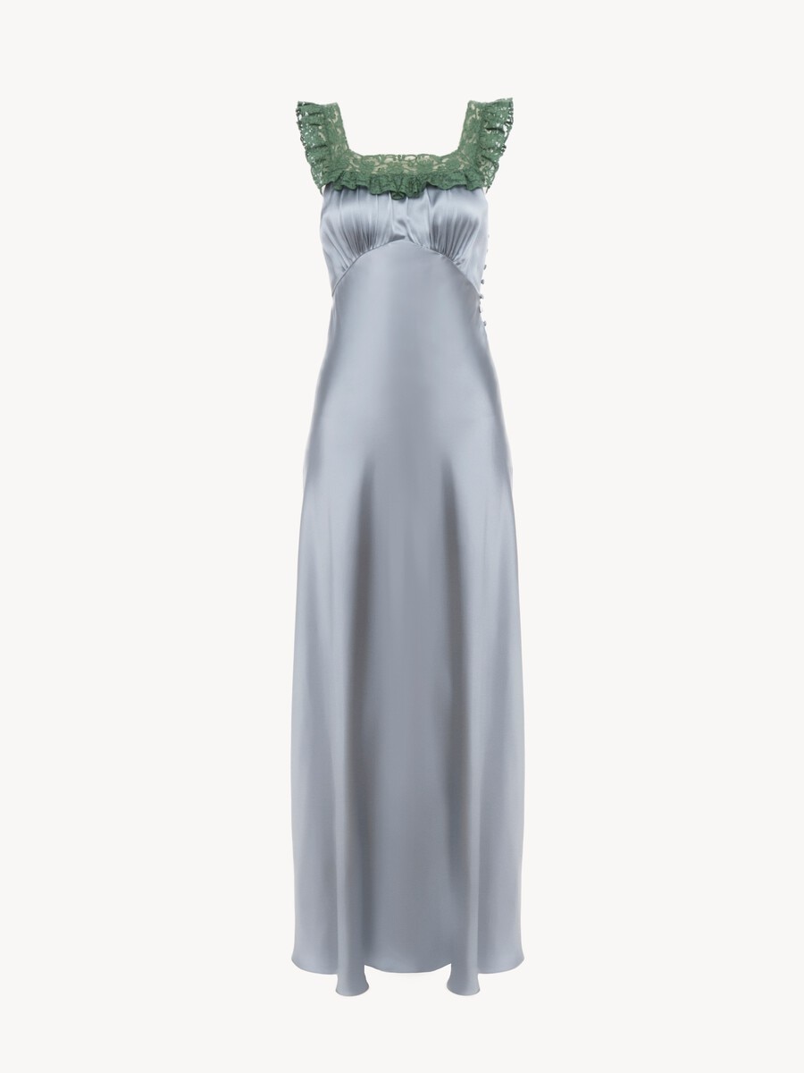 Sleeveless column dress in washed silk satin & lace - 2