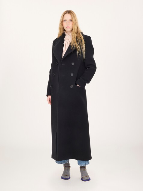 Long double-breasted coat in double-face wool