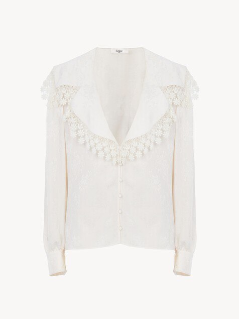 Blusa de cuello maxi de jacquard de seda y encaje