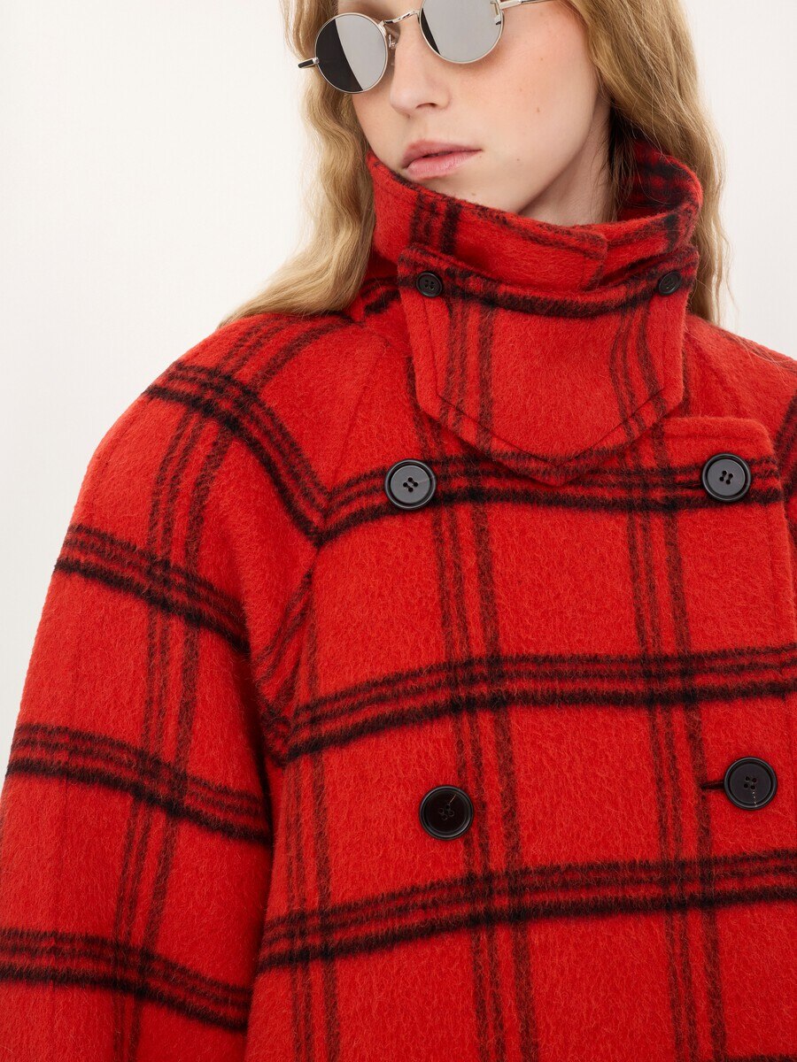 Double-breasted oversized long coat in check double-face wool & alpaca - 6