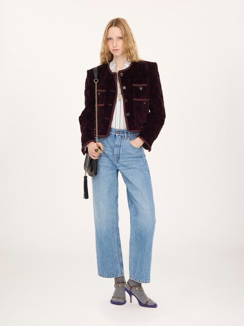 Veste droite sans col en coton &agrave; carreaux