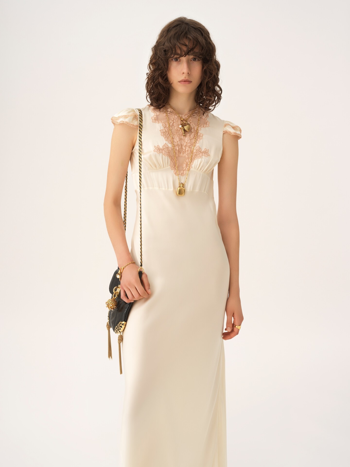 Cap-sleeve column dress in washed silk satin & lace - 4