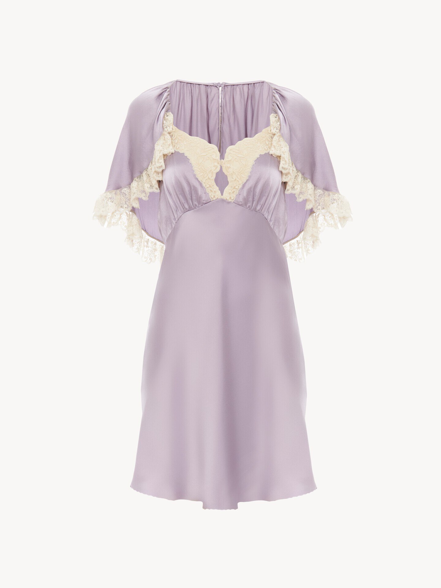 Mini cape dress in washed silk satin & lace - 1.0