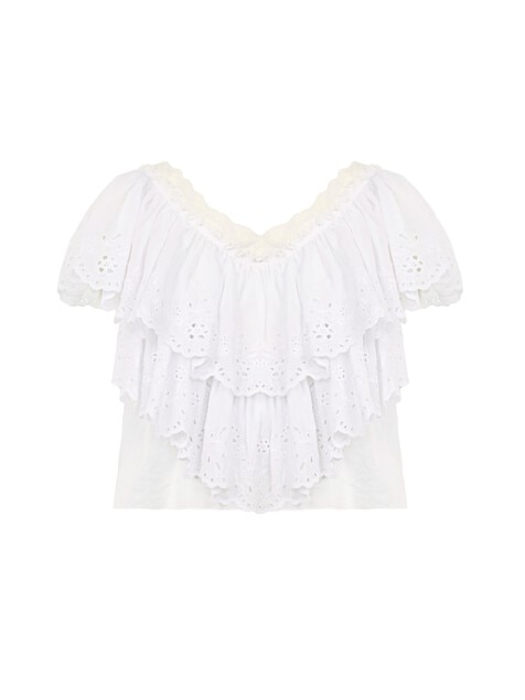 Cropped V-neck ruffle top in cotton voile & lace