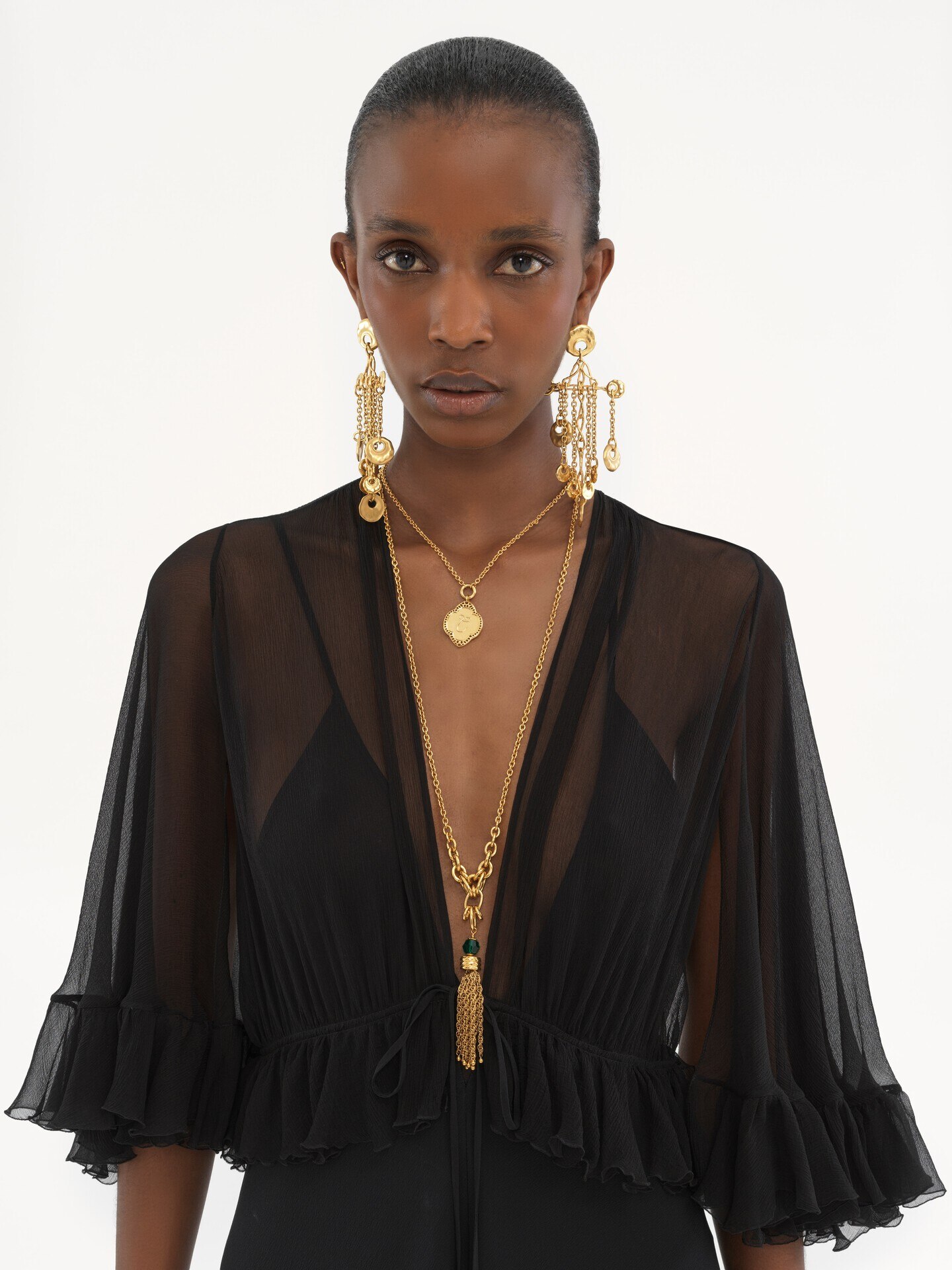 Abito lungo con scollo a V in crêpe satin Nero Chloé