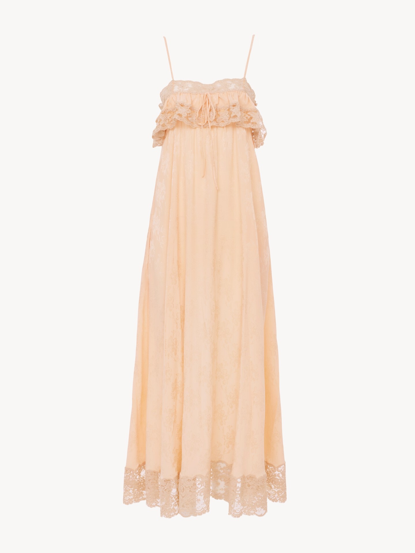 Thin-strap long dress in silk jacquard & lace - 2.0