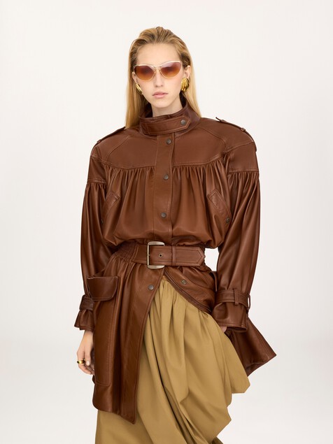 High-neck puff-sleeve coat in leather