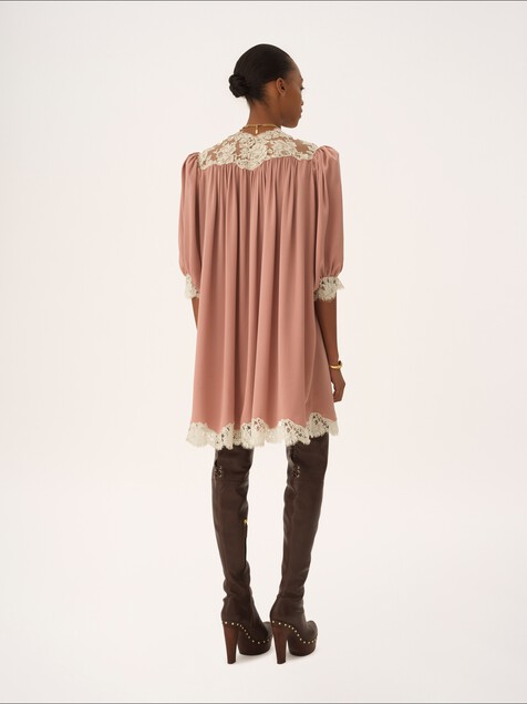 Gathered V-neck mini dress in washed silk satin & lace