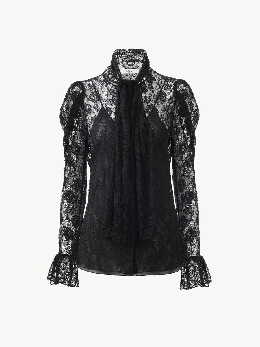Top lavalli&egrave;re manches bouffantes en dentelle jacquard florale - 1