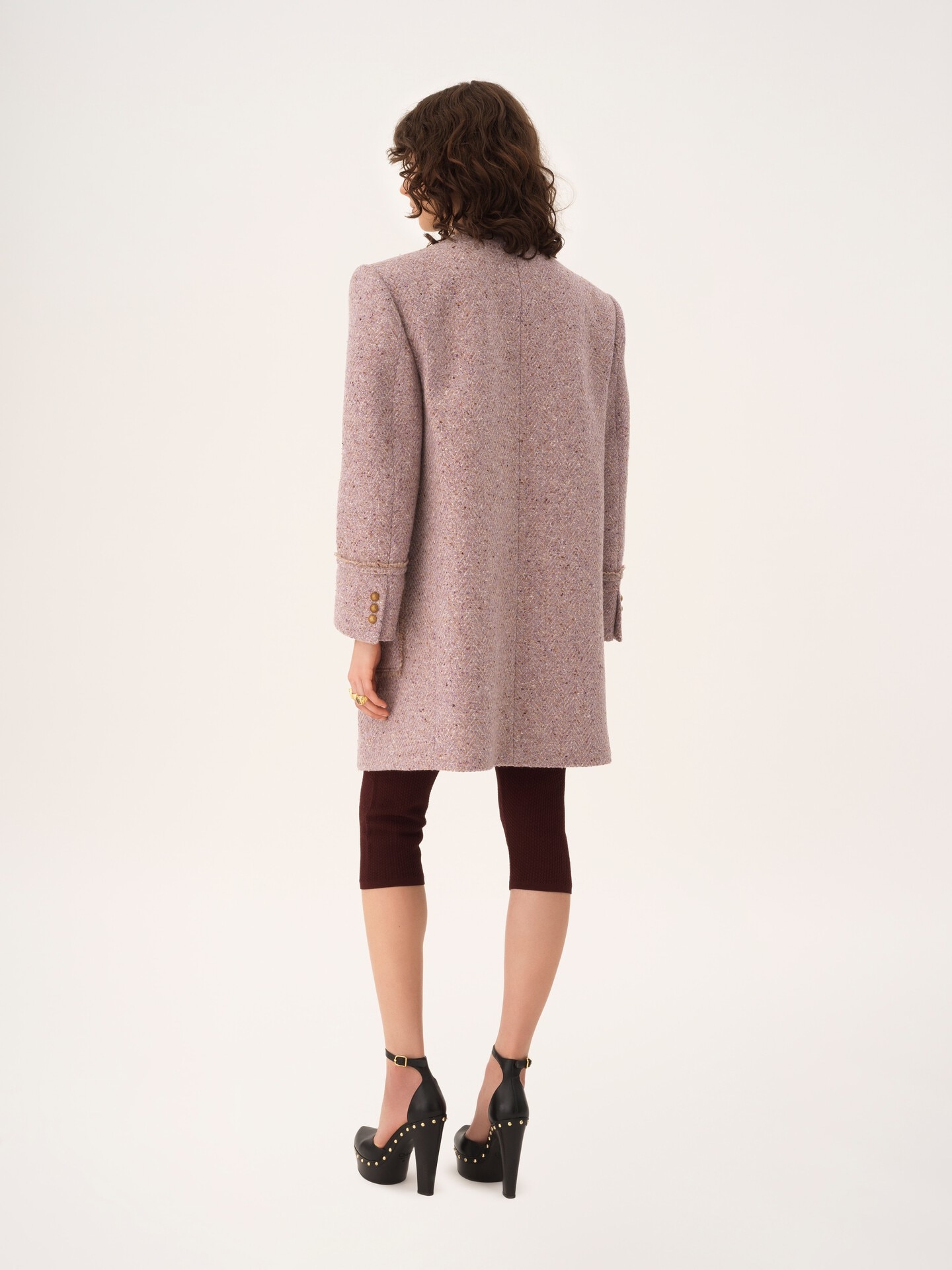 Single-breasted collarless coat in chin&eacute; wool tweed - 7