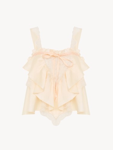 Top sans manches &agrave; volants en satin de soie lav&eacute; et dentelle - 2