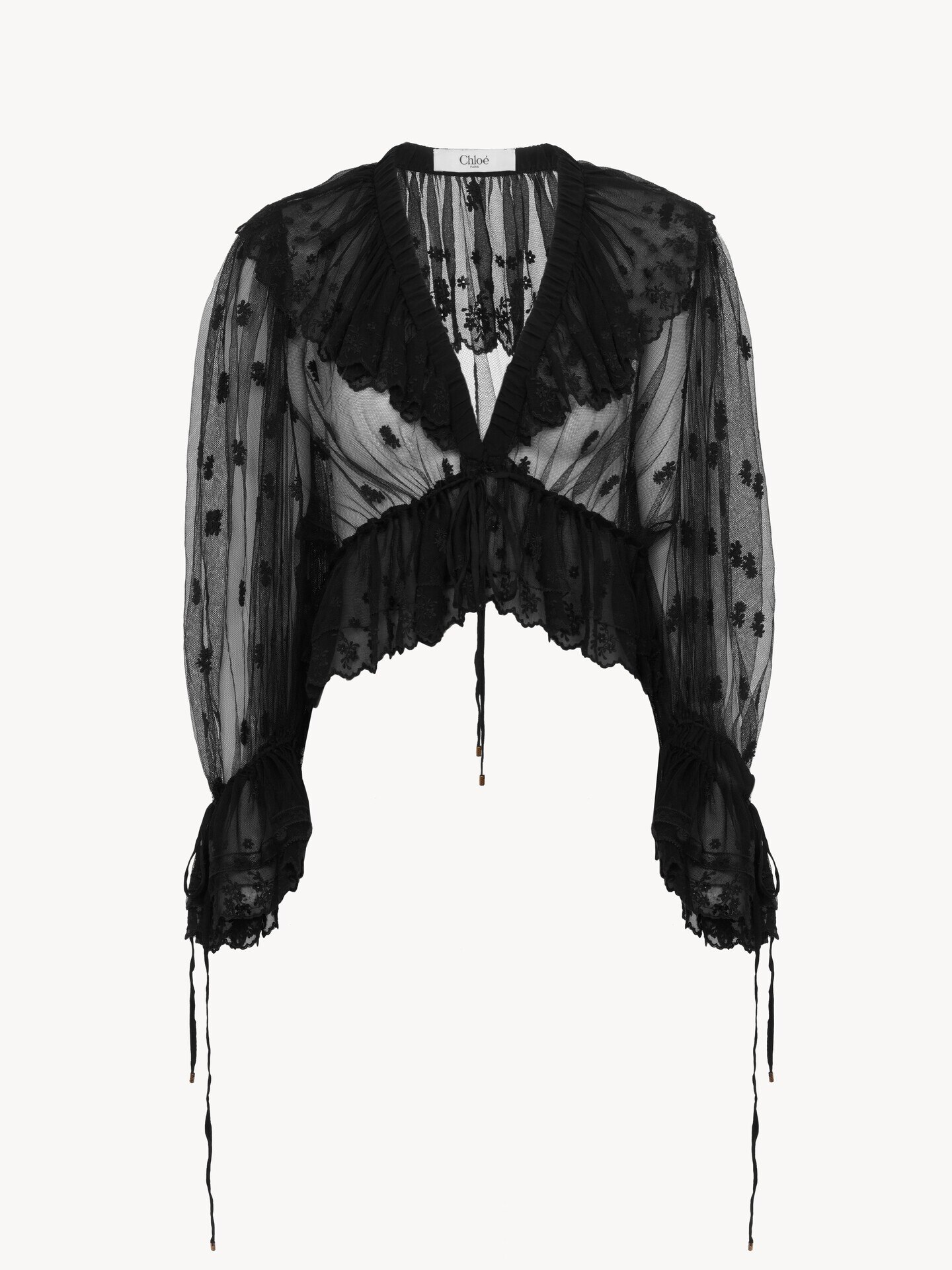 R&uuml;schen-Top aus bestickter Spitze mit V-Ausschnitt - 1