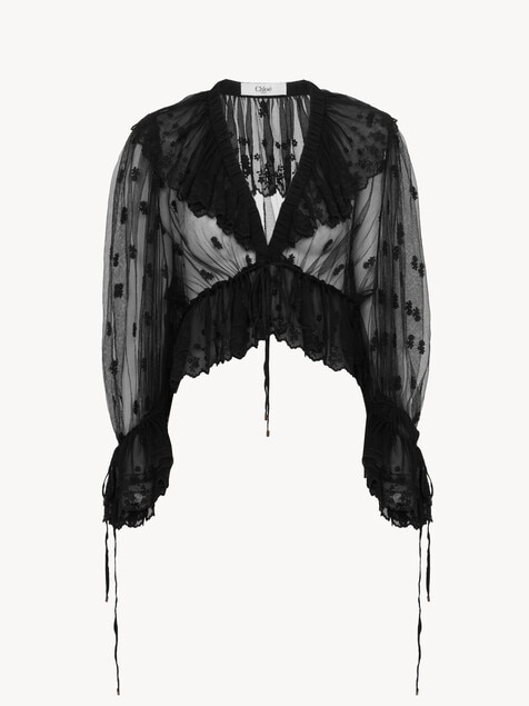 R&uuml;schen-Top aus bestickter Spitze mit V-Ausschnitt