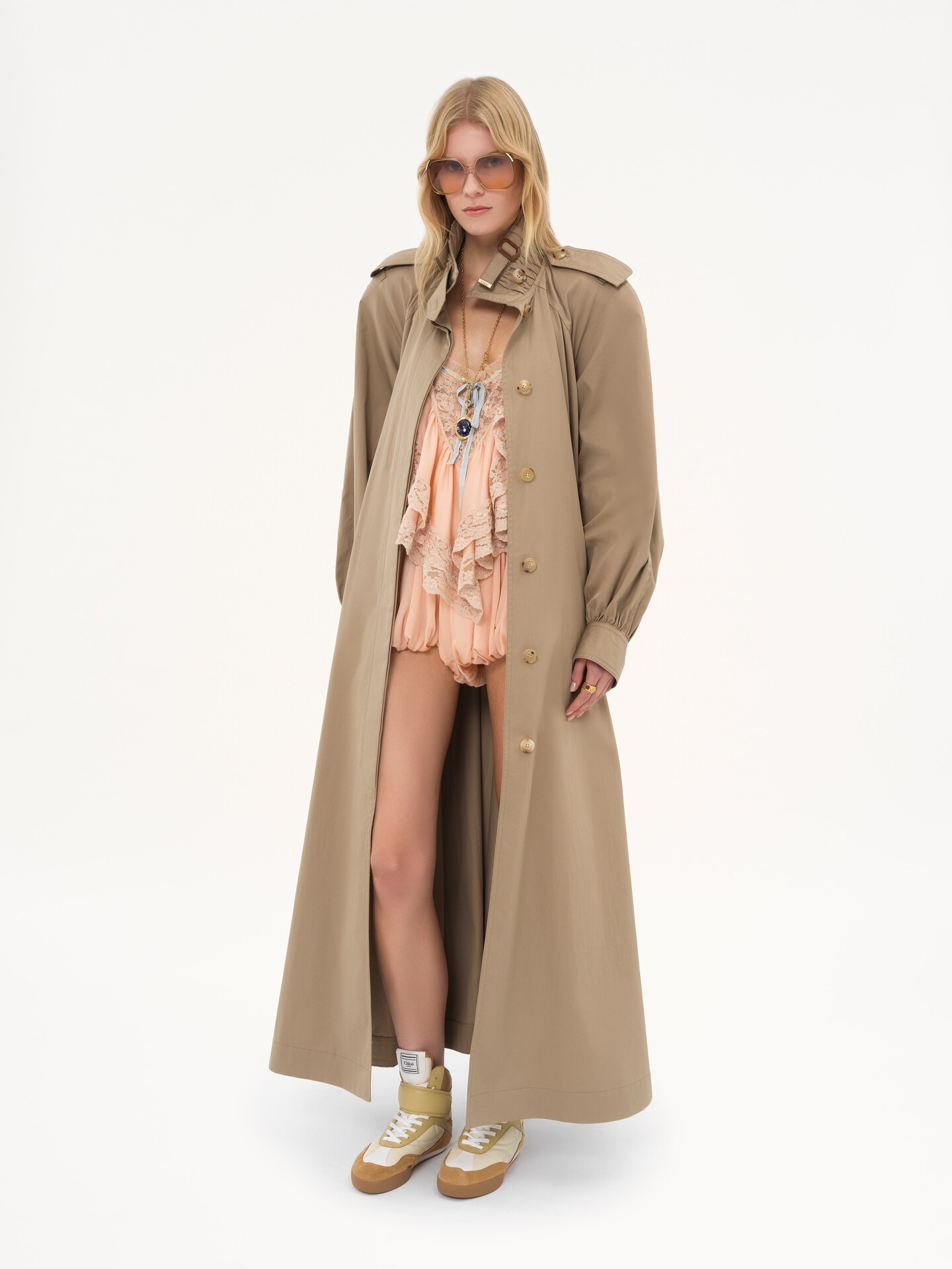 コットンギャバジン製ハイネック ロングトレンチコート 茶色 - Chloé