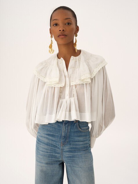 Cropped ruffle top in cotton voile & lace