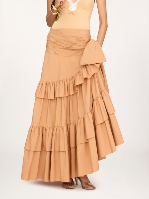 Ruffled long skirt in cotton poplin