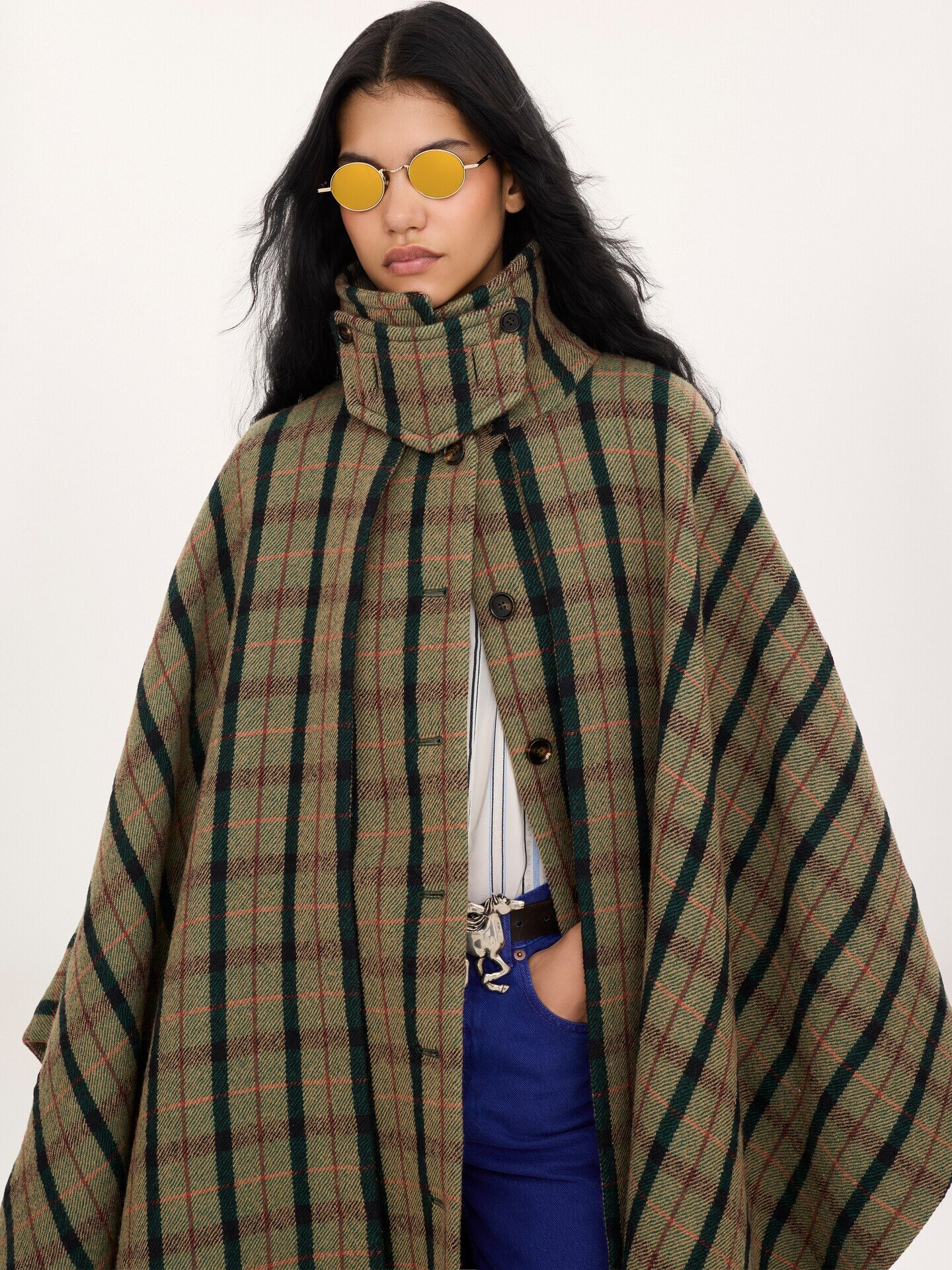 Layered long cape coat in brushed check wool - 3.0