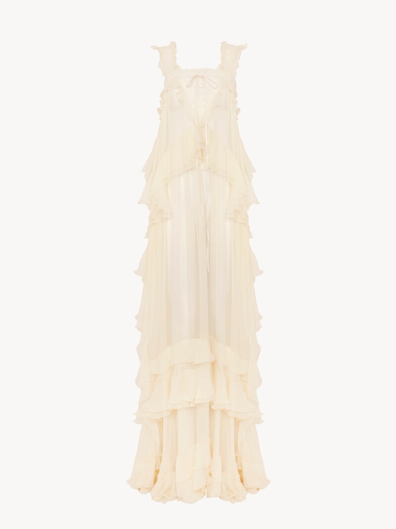 Sleeveless layered long dress in silk mousseline & lace by Chloé