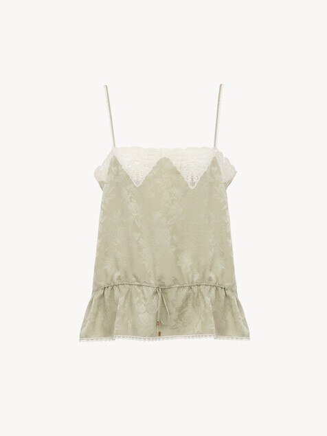 Drawstring camisole top in silk jacquard & lace