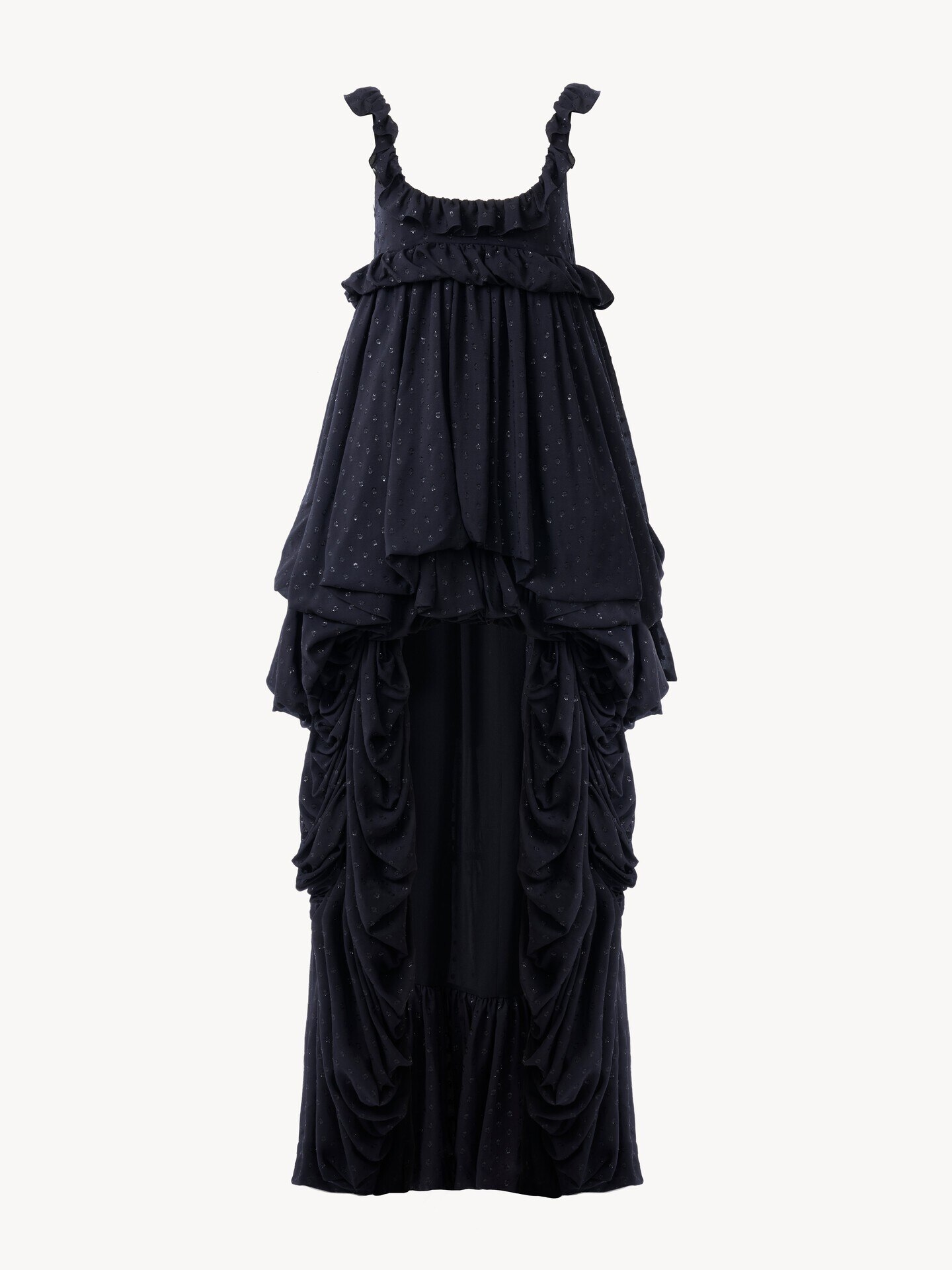 Hinten l&auml;nger geschnittenes &auml;rmelloses Kleid aus Seidengeorgette-Jacquard und Lurex - 2